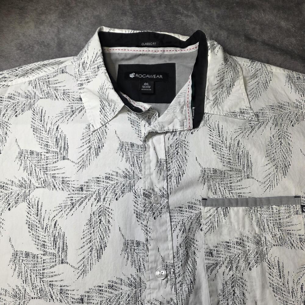 Rocawear Shirt Mens 4XL White Black Leaf Print Short Sleeve Button Front Casual